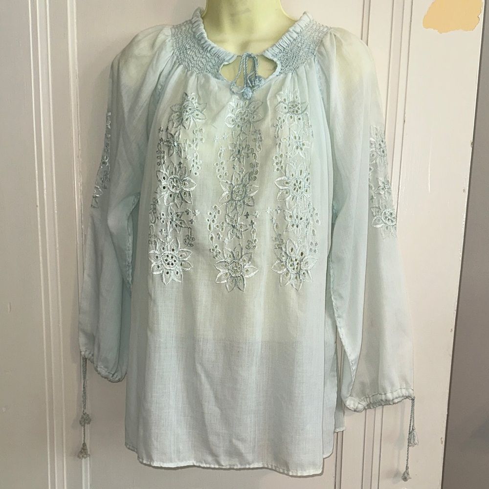 Vtg  70s Boho Festival Light Blue‎ Eyelet Lace  Embroidered Long Sleeve Blouse